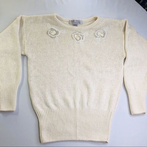 KAREN SCOTT🧶Beaded Sequin Long Sleeve Sweater Scoop Neck🧶Cream White Flowers - Picture 7 of 12